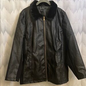 Black Faux Leather Jacket with Fur Collar